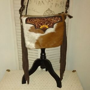 Myra Elegant Brown and White Crossbody Bag with Fringe